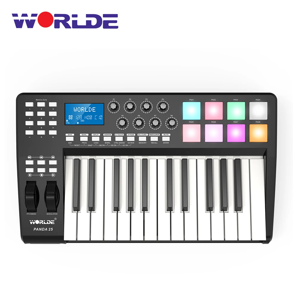 

MIDI-контроллер WORLDE PANDA25 компактный, 25 клавиш, USB MIDI-контроллер с клавиатурой, 8 цветных RGB триггеров с подсветкой и USB-кабелем