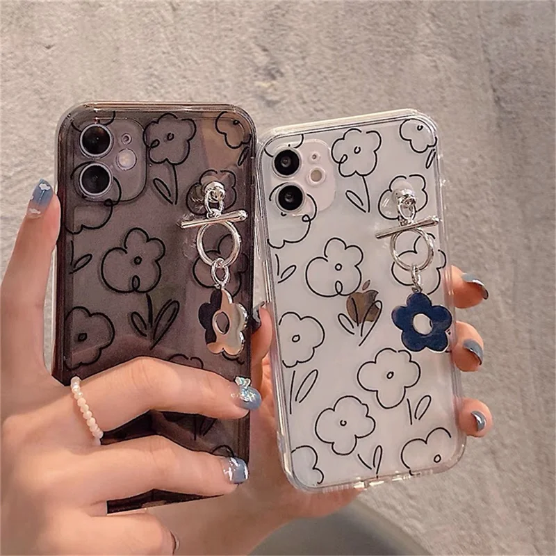 

Korea Line Flower Pendant Phone Case for iPhone 11 12 Pro XS Max X XR 7 8 Plus SE Transparent Stylish Soft Shockproof Back Cover