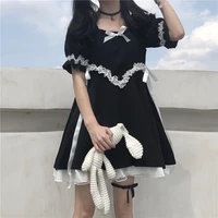 qweek gothic goth lolita kawaii dress women soft girl japanese harajuku cute short puff sleeve black dress 2021 prom sundress
