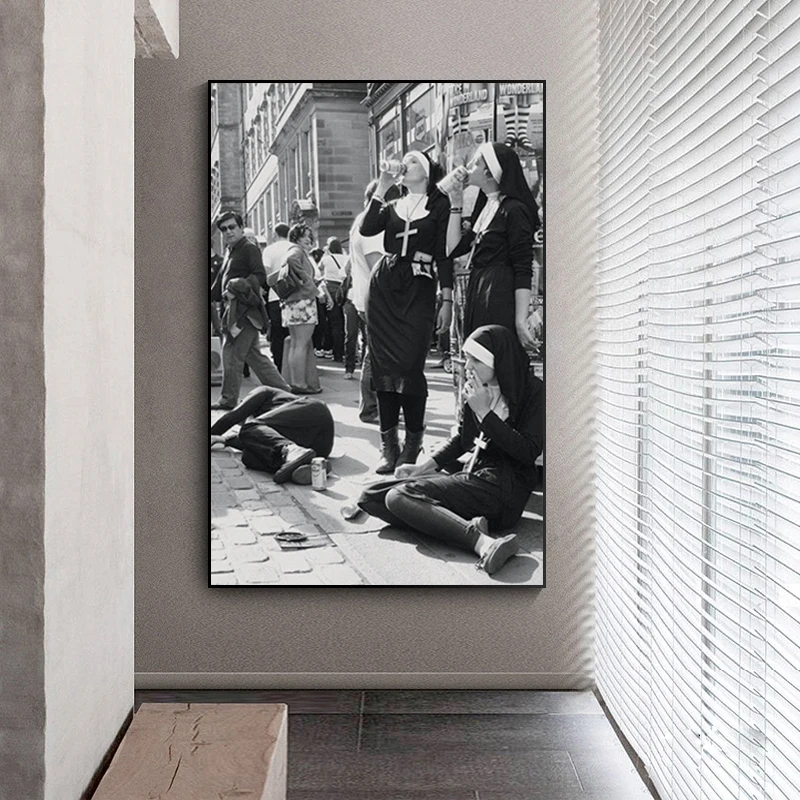 

Rebellious Nun Canvas Painting Black and White Photography Posters and Prints Nun No Smoking Wall Art Pictures Home Decor
