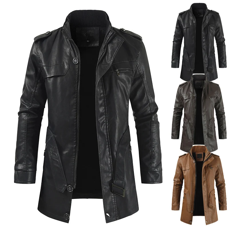 

Autumn 2019 New Fashion Korean Style Casual Stand Collar Slim Medium Long Leather Jacket