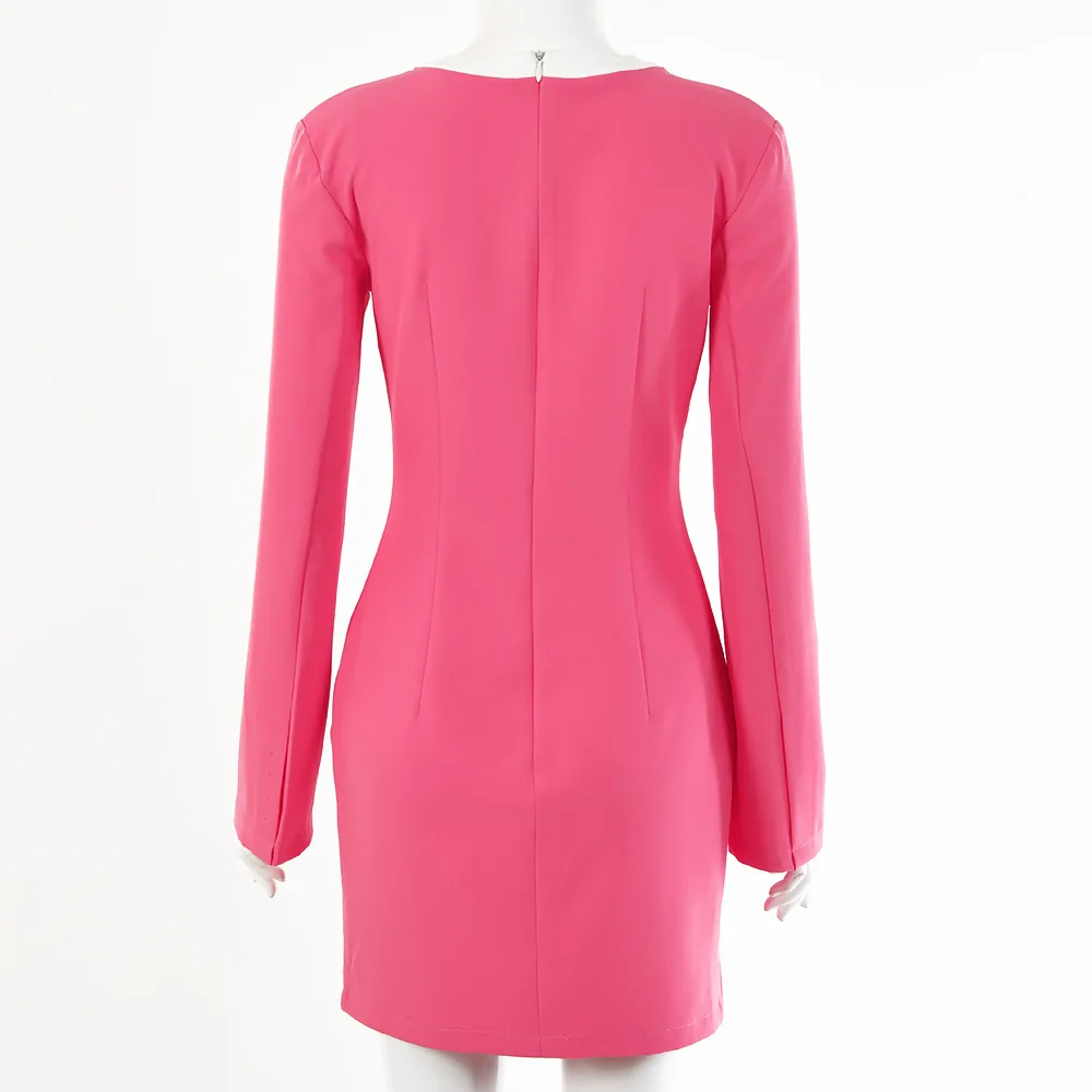 

Women Trendy Sexy Double Breasted Knitted Dress Mini Long Sleeve Sweater Vestidos V Neck Vintage Elegant Pink Dress Robe