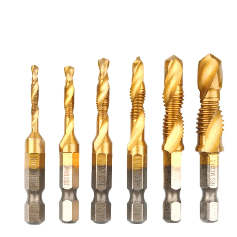 

6Pcs/Lot HSS Compound Tap Drill Bit Metric Thread M3 M4 M5 M6 M8 M10 Tap Bits 1/4" Hex Shank Drilling Power Woodworking Tools