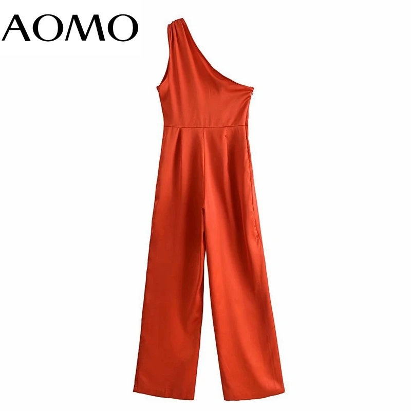 

AOMO Women Summer Orange Jumpsuit Off Shoulder Pleated Sleeveless Female Party Jumpsuit 3H151A