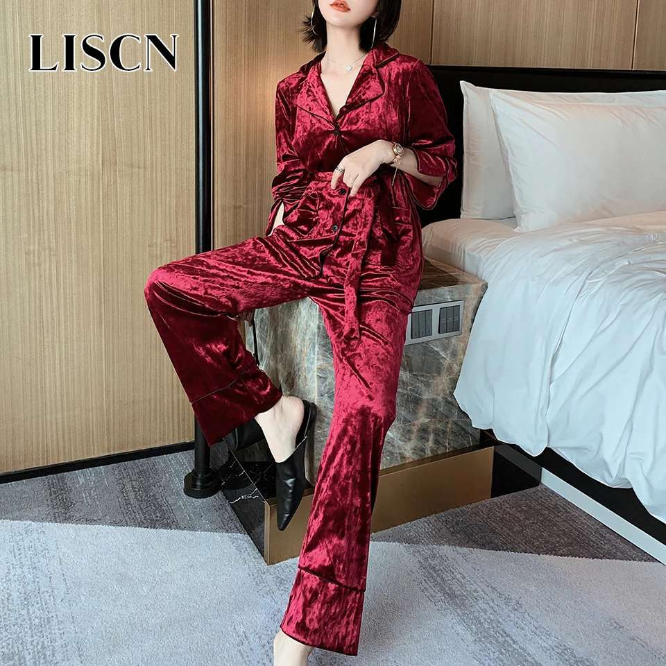 Wine red LISCN зимняя женская пижама, одежда для отдыха, теплый домашний костюм, повседневная одежда, штаны, теплая Пижама, золотой бархат, комплект одежды для сна с поясом - Цвет: Wine red