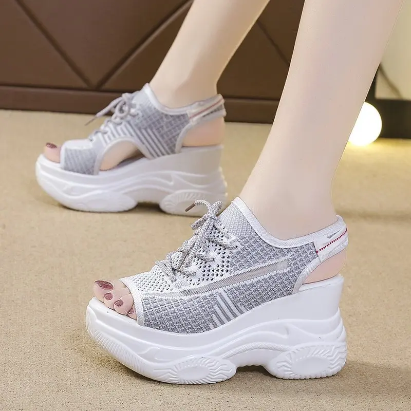 

New Women Platform Thick Sandals Summer 2021 High Heel Shoes Knitting Wedges Shoes Gladiator Sandals Women Chunky Heels