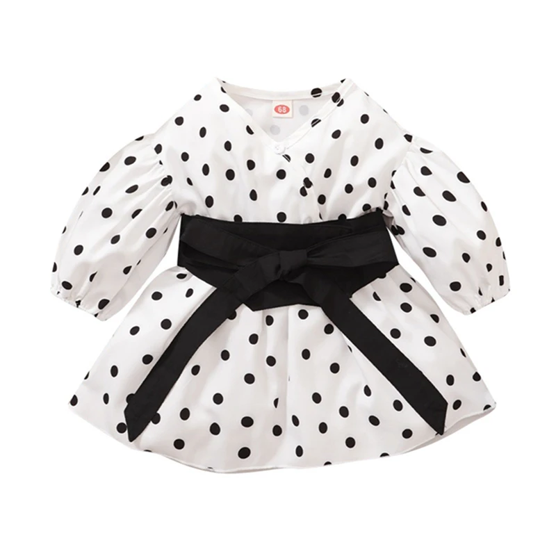 

Toddlers Girls Long Sleeve Dress, Wave Points Pattern Knotted Bowknot Waistband A-Line Dress