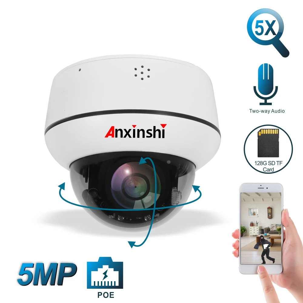 

Мини IP PTZ камера POE 5MP 5X оптический зум металлическая Внутренняя/наружная купольная камера Аудио микрофон динамик слот для TF-карты ONVIF P2P CamHipro