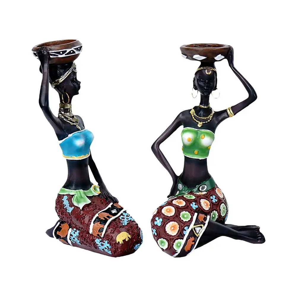 

2pcs Candle Holders Innovative African Women Figurine Candle Holder Vintage Resin Statue Candlestick Decor Bar Wedding Party