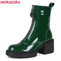 morazora 2021 new genuine leather boots zipper square high heels ankle boots green black autumn women boots fashion shoes