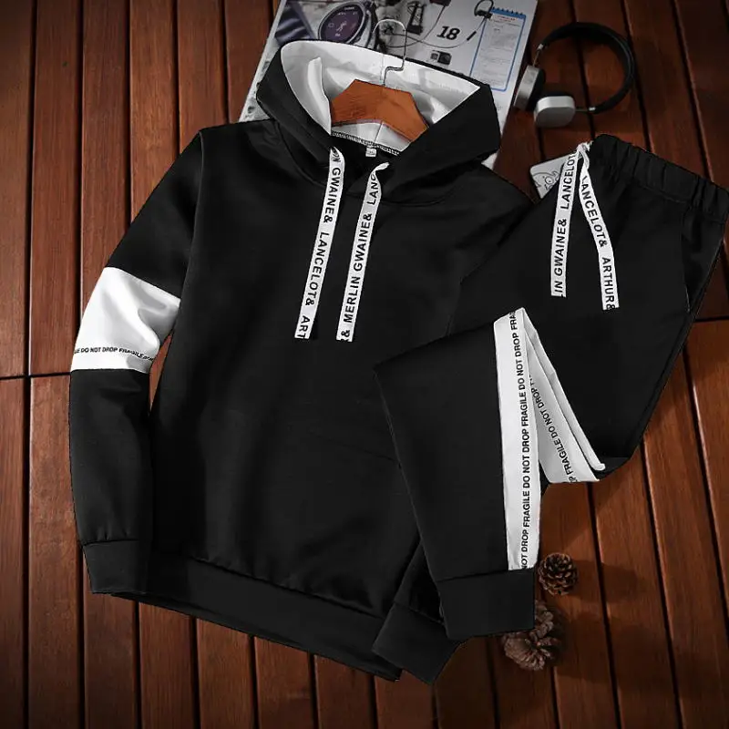 

Костюм спортивный мужской однотонный с капюшоном, повседневная одежда в стиле пэчворк, толстовка с капюшоном и штаны, уличный костюм в стил...