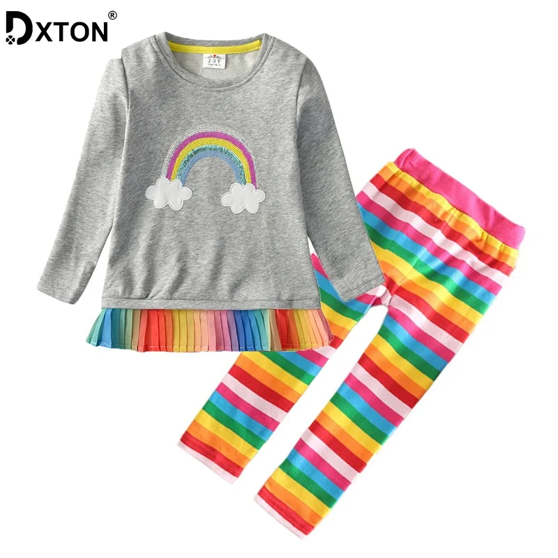 

DXTON 2020 Children's Clothing Suits Tops and Pants Winter Rainbow T-shirts with Cotton Leggings Girls Clothing Sets 2pcs 3-8Y