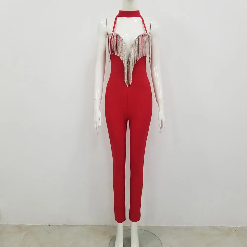 

Overalls Women Fashion Sexy Halter Sleeveless Diamonds Tassel Red Black Bandage Jumpsuit 2020 Summer Female Bandage Jumpsuit