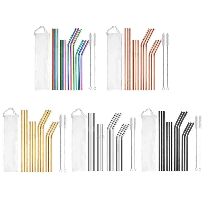 

12Pcs Reusable Stainless Steel Straws with Cleaning Brushes Storage Bag Metal Drinking Straw