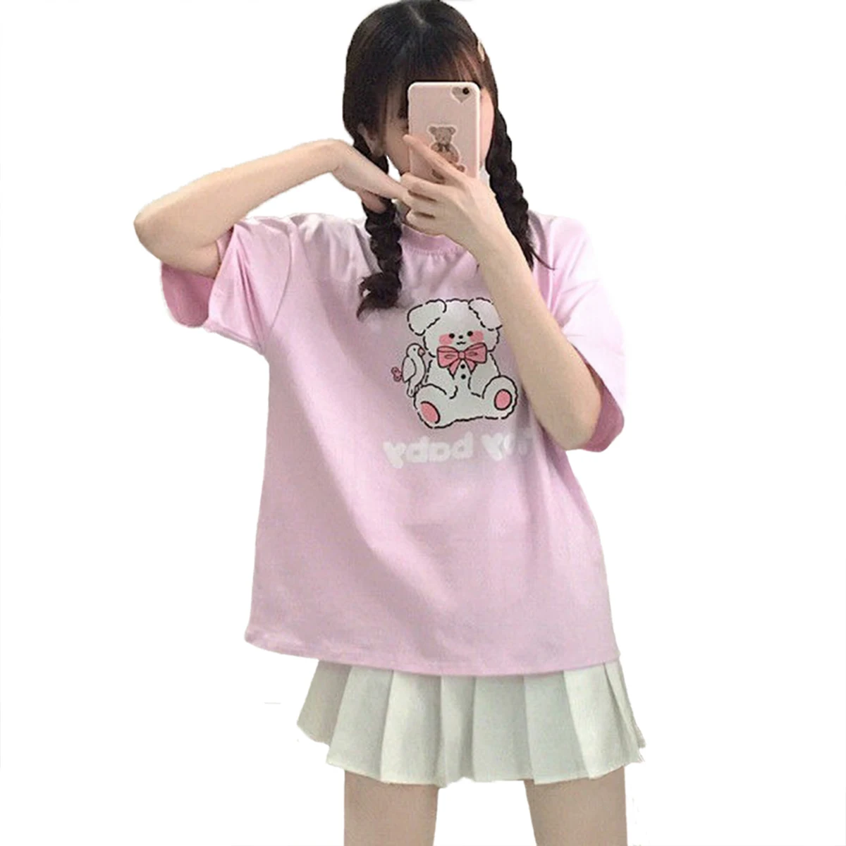 

Graphic Tee 2021 Fashion Kawaii Tshirt Women Short Sleeve Clothes Loose Cartoon Print Cute Pink Casual T Shirt Lady