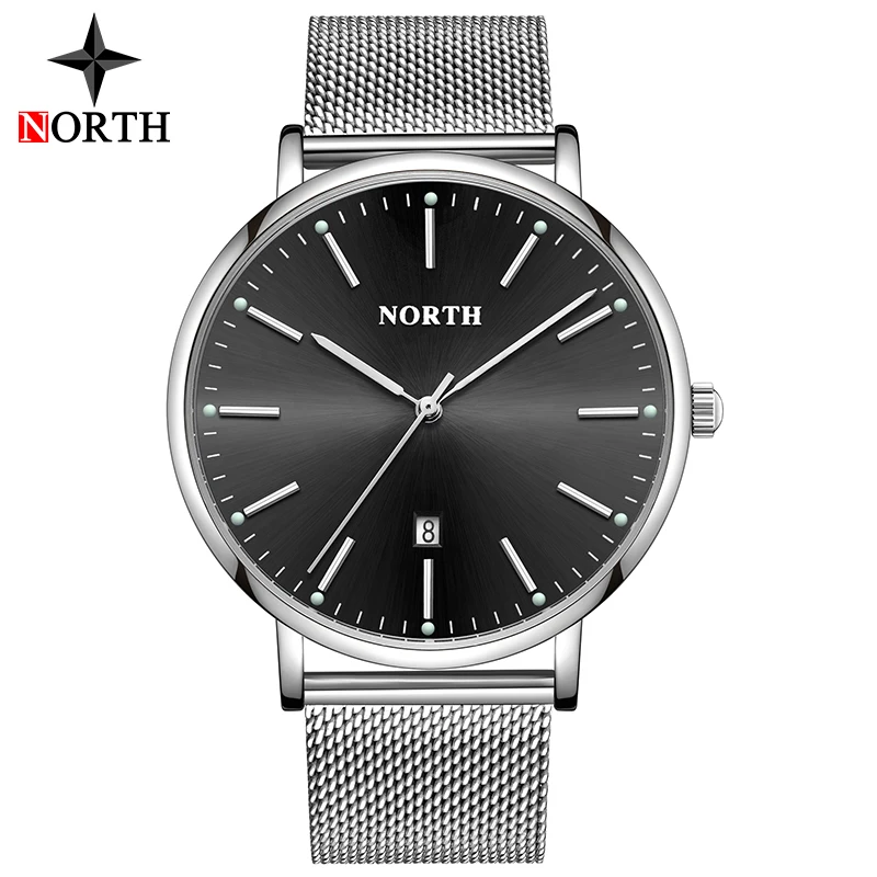 Роскошные Брендовые мужские часы NORTH Fashion стальные сетчатые кварцевые