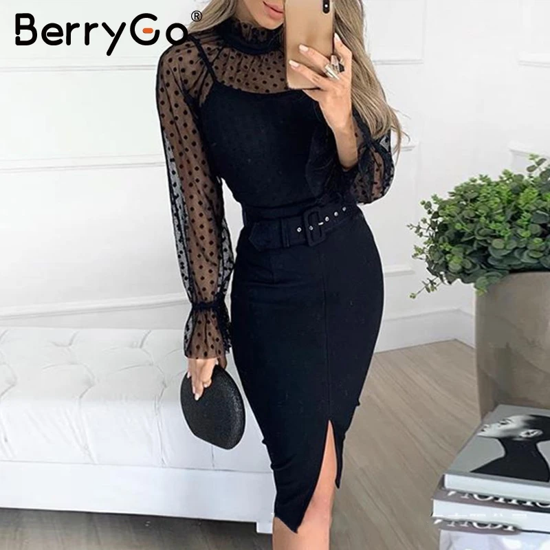 BerryGo сексуальное Полосатое кружевное женское платье в горошек черная поясная оболочка вечернее платье с пышными рукавами осенне-зимнее офисное женское платье
