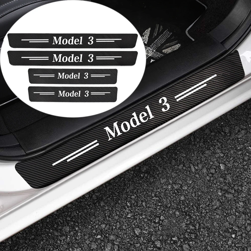 

4x Carbon Fiber For Tesla Model 3 Car Door Threshold Sill Plate Sticker Tuning Auto Trunk Scratch Resistant Styling Accessories