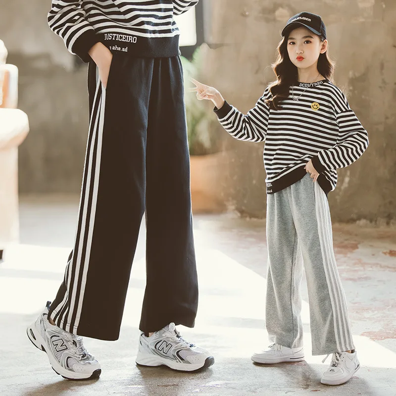 

Teenage Girls Striped Wide-leg Pants 2021 New Spring Autumn Big Girls Trousers