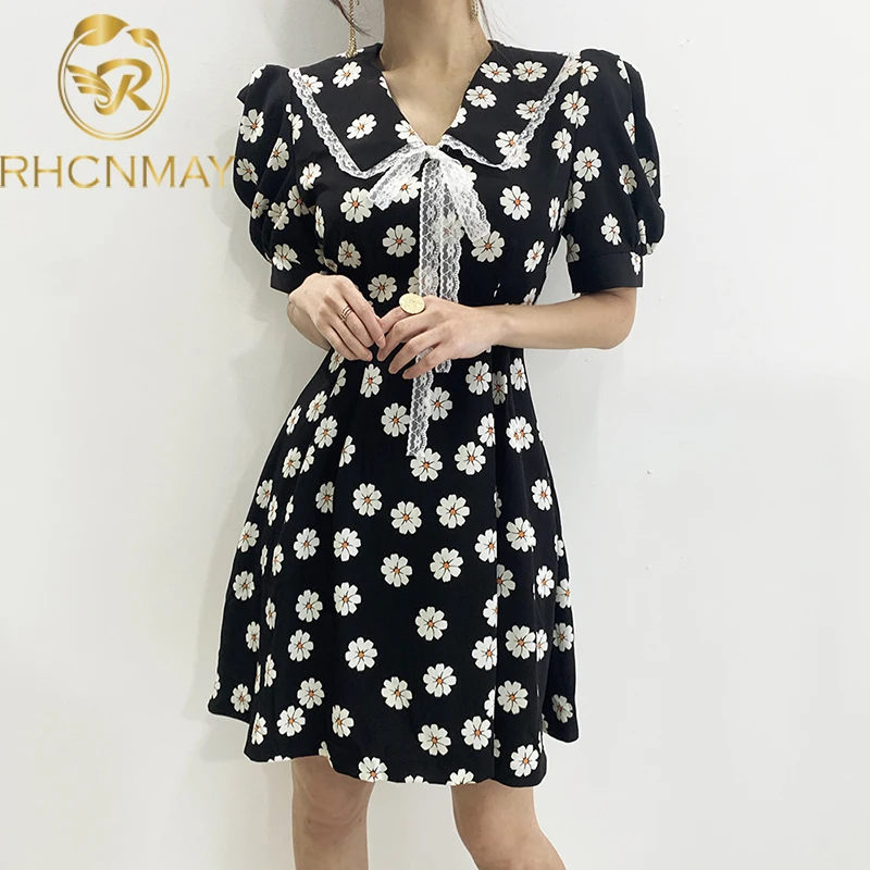 

Korea New Women's Lace Bow Peter Pan Collar Dress Ladies Small Daisy Printed Dresses Summer Girl Student Vestidos Women Clothes