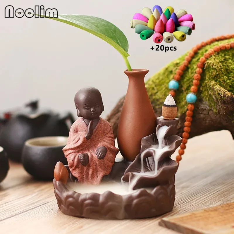 With 20pcs mixed-A Креативный керамический Лотос маленький монах курильница для благовоний горелка Высокая горная дым водопад курильница домашний декор+ 20 шт конусов - Цвет: With 20pcs mixed-A