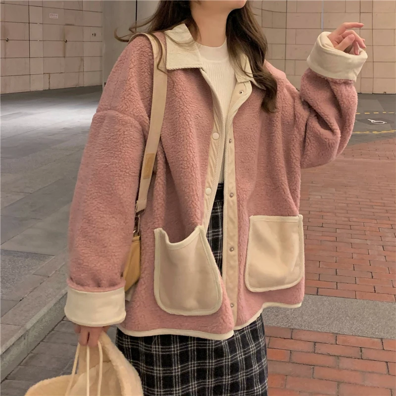 

Женская теплая куртка с отложным воротником, Повседневная Свободная куртка контрастных цветов в Корейском стиле со съемным воротником, шуб...