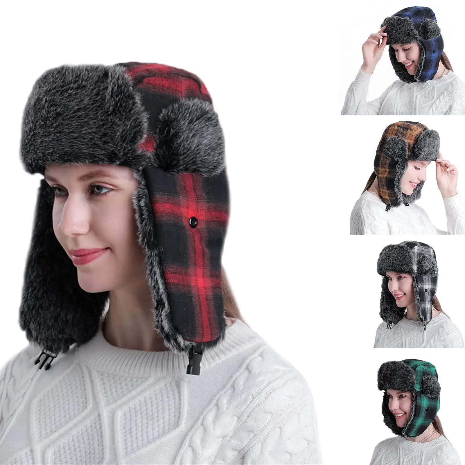 

Unisex Ear Warmer Thick Winter Lei Feng Lattices Plaid Trapper Hat for Cycling