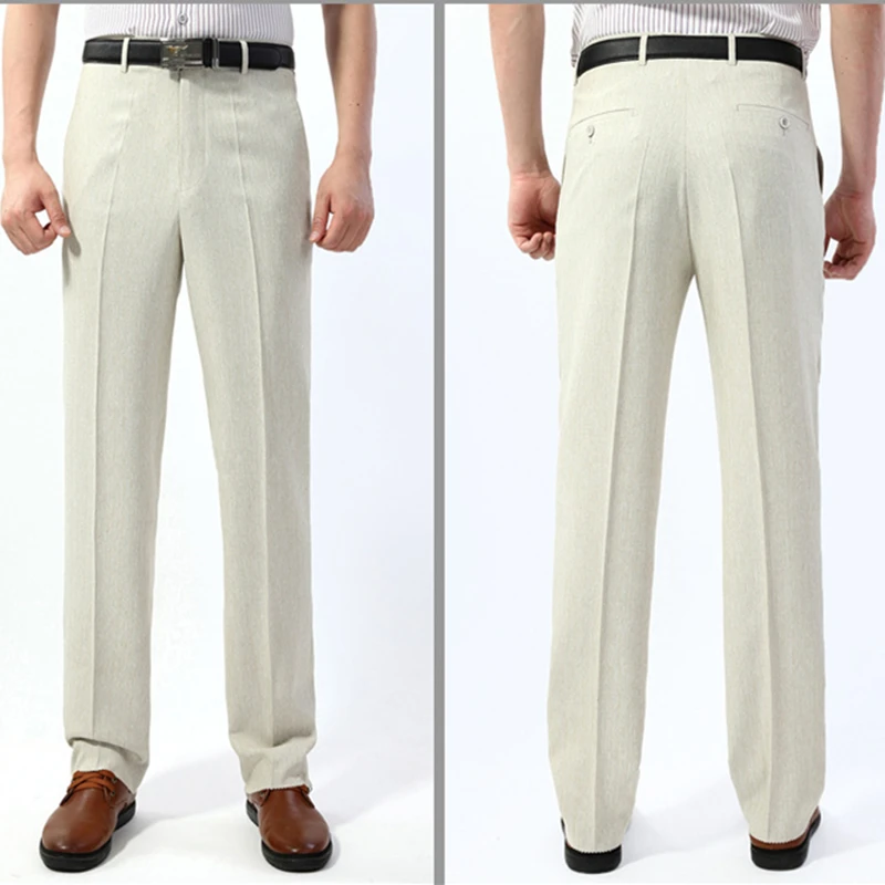 

ICPANS Thin Linen Dress Trousers Men Summer 2020 Straight Loose Office Formal Suit Pants High Waist Mens pants size 40 42 44