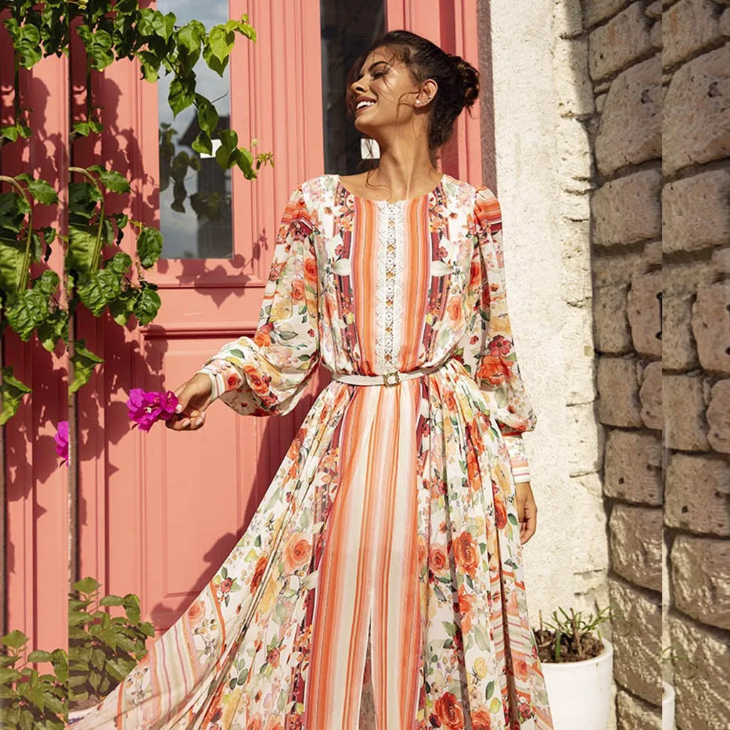 Модное богемное платье с длинным рукавом круглым вырезом кружевом и панельным