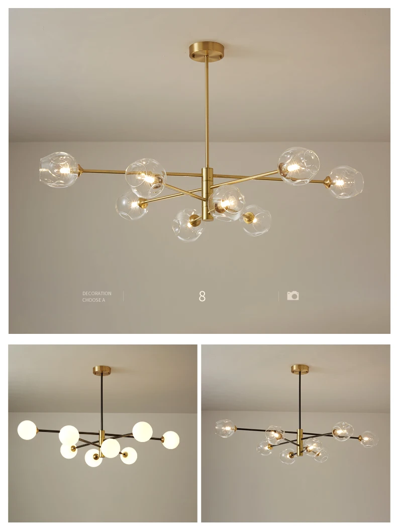 Modern Luxury Copper Chandeliers Lighting Gold Frame Ceiling Hanging Lamp For Living Dining Room Kitchen Loft Glass Ball Lustre crystal chandelier