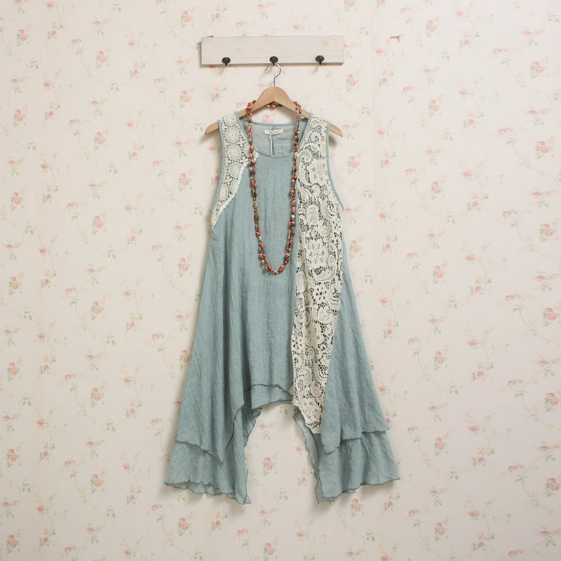 Женское вязаное платье ручной работы готическое зеленое макси с вышивкой синее в