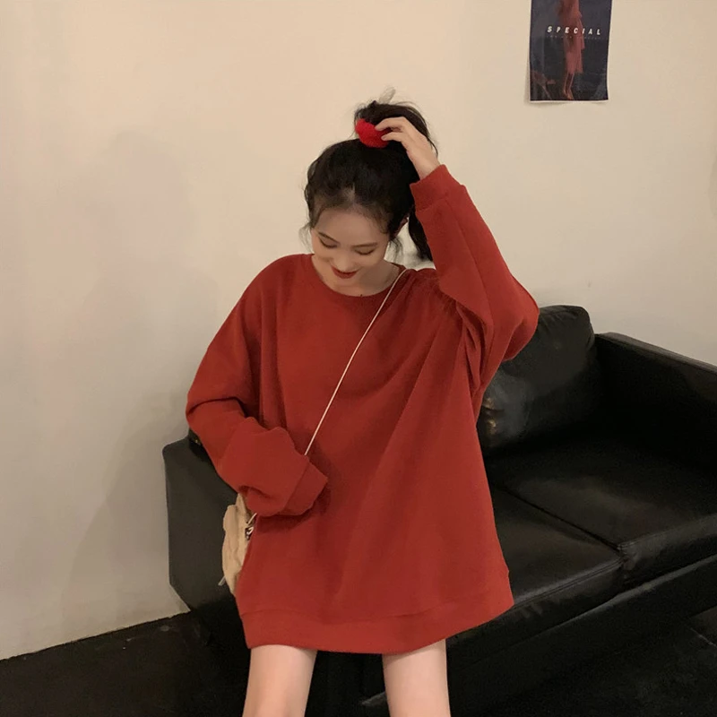 Свитшот женский оверсайз модная свободная однотонная Толстовка с длинным