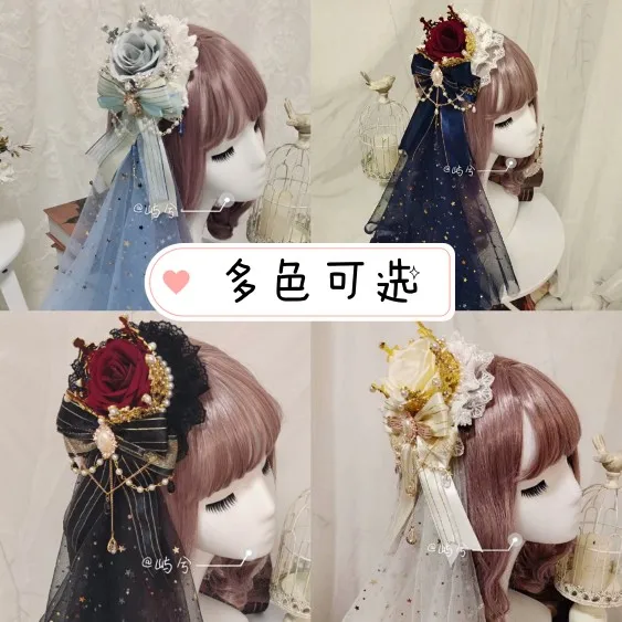 

Wedding Vintage Elegant Pearl Crown Headwear Gothic lolita Handmade Lace Bowknot wedding veil Side clip Tea Party Headdress