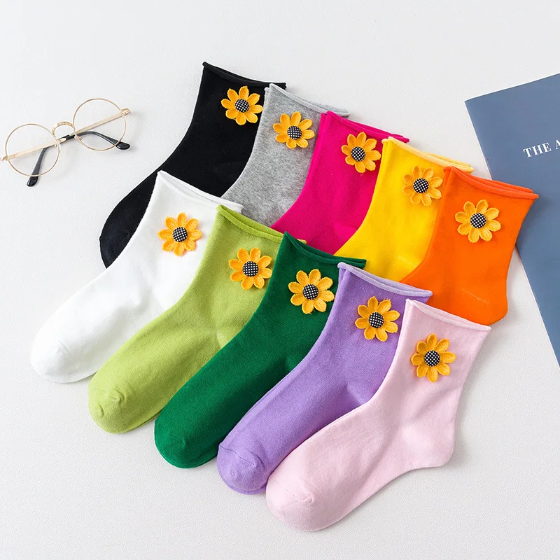

Hot Candy-Colored Tube Socks Female Women's Curled Socks 1 Pair Little Sun Flowers Hyuna Style Trendy Girl Students Cute Socks