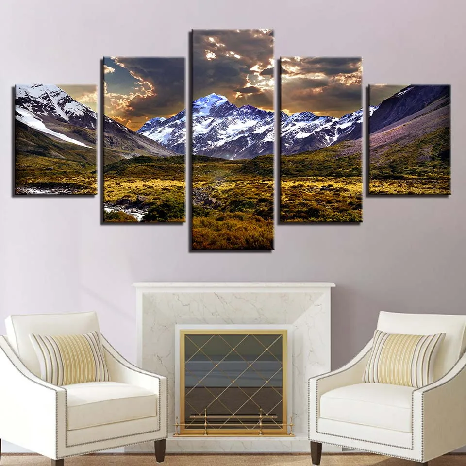

Snowy mountains and plateaus under the brilliance Canvas HD Prints Posters Home Decor Wall Art Pictures 5 Pieces No Frame