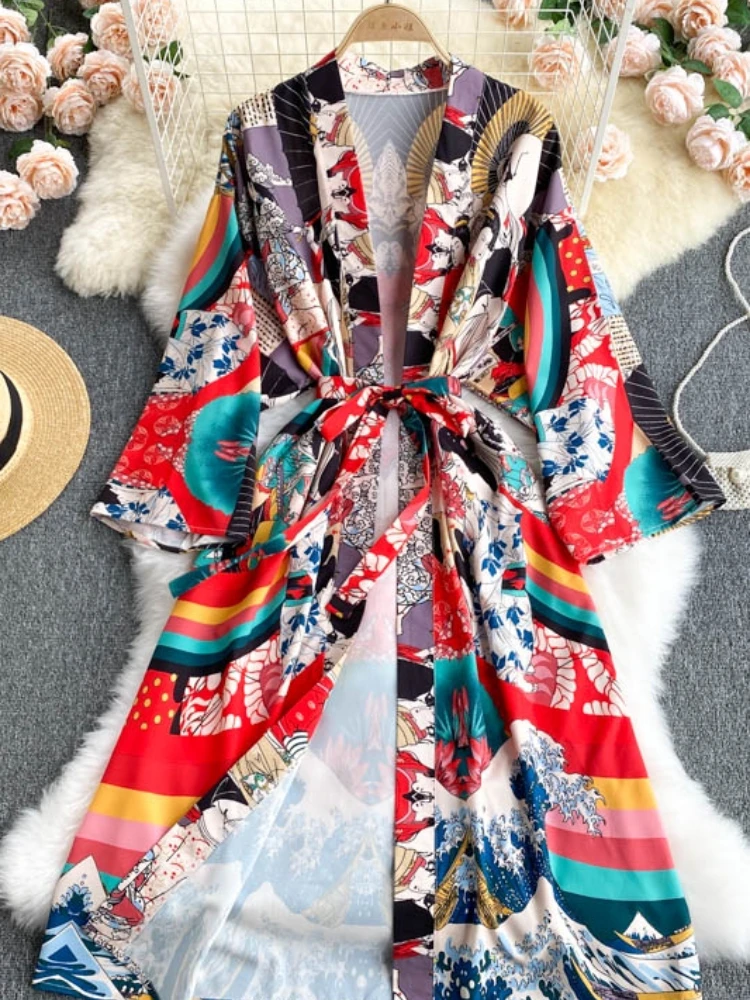 

Aibeautyer New Summer Casual Floral Print Tie Up Chiffon Lady Full Dress A Line V Neck Pullover Mid-calf Women Dresses