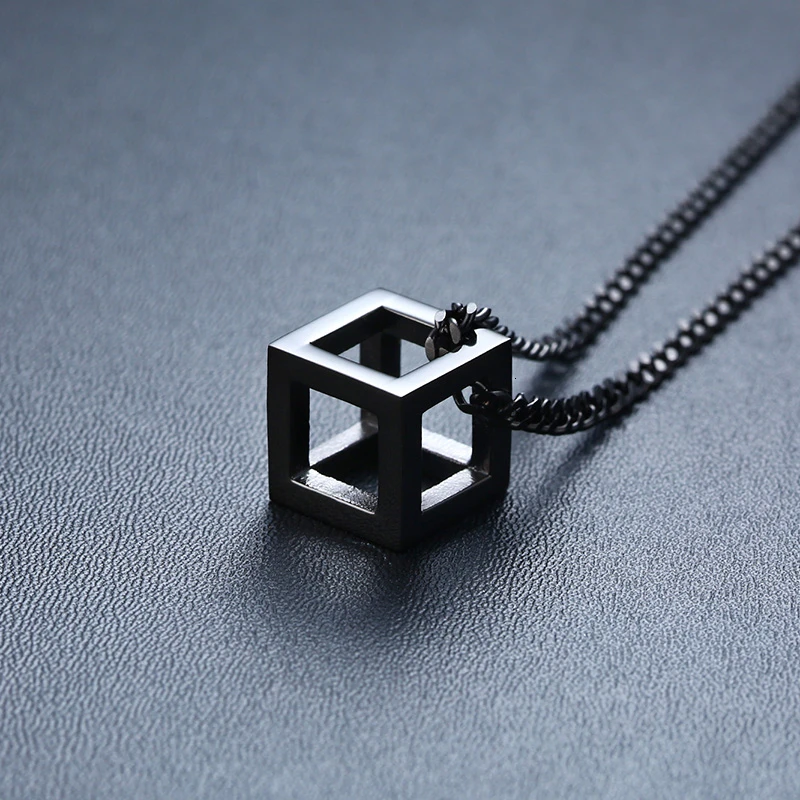 Black Necklace Vnox Ретро пустой кубик кулон для мужчин из нержавеющей стали квадратное винтажное ожерелье панковские геометрические колье 2" цепь - Окраска металла: Black Necklace