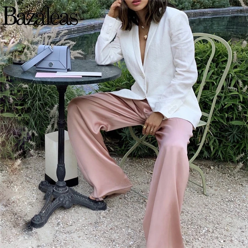 Bazaleas Like Silk Smooth Высокая талия женские брюки Модные Розовые атласные прямые