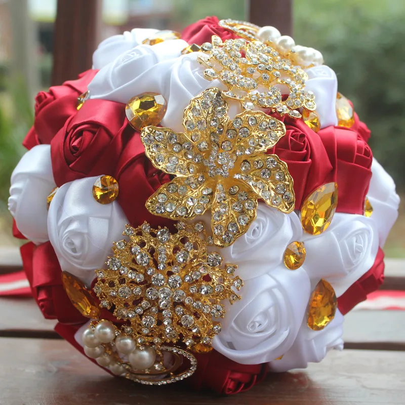 18cm white wine red WifeLai-Золотая брошь для невесты, держащая букет цветов, белое золото, кристалл, чистый белый шелк, Свадебный букет невесты, W227-1 - Цвет: 18cm white wine red
