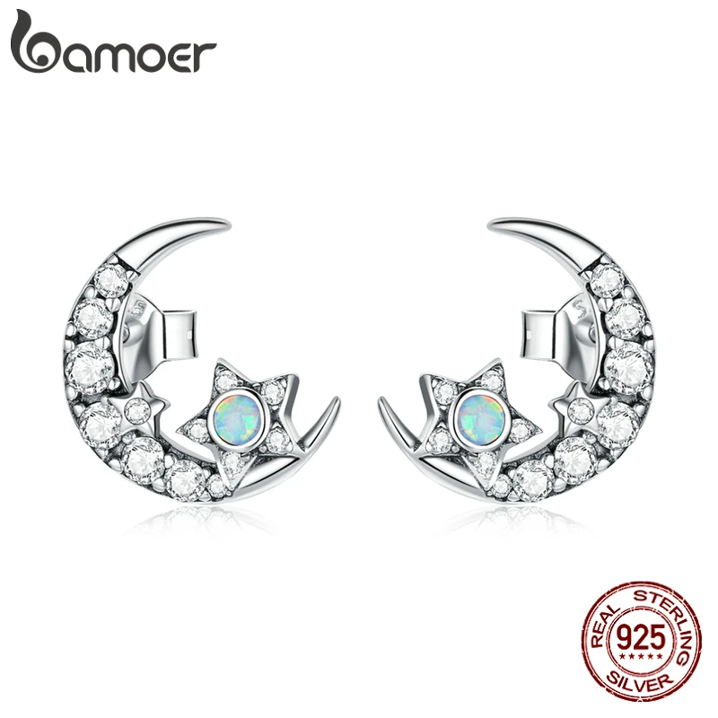 bamoer Silver Shiny Dazzling Moon Star Earrings Blue Opal Zircon Stud Earrings Korean Fashion Jewelry Gift Engagement SCE1157