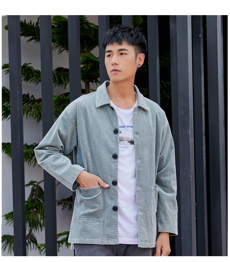 Schinteon Men Corduary Loose Jacket Autumn Mid-Length Outwear Casual Turn-down Collar Top Fashion High Quality New