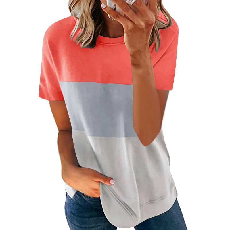 

T-Shirt Women Round Neck 5Xl Summer Top Stitching Solid Color Mid-Length Blouses Casual Loose Tops High Street Plus Size Women