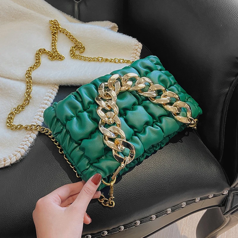 

SWDF Thick Chain Small Soft PU Leather Crossbody Shoulder Bag 2021 Winter Fashion Travel Handbags and Purses Green Blue Black