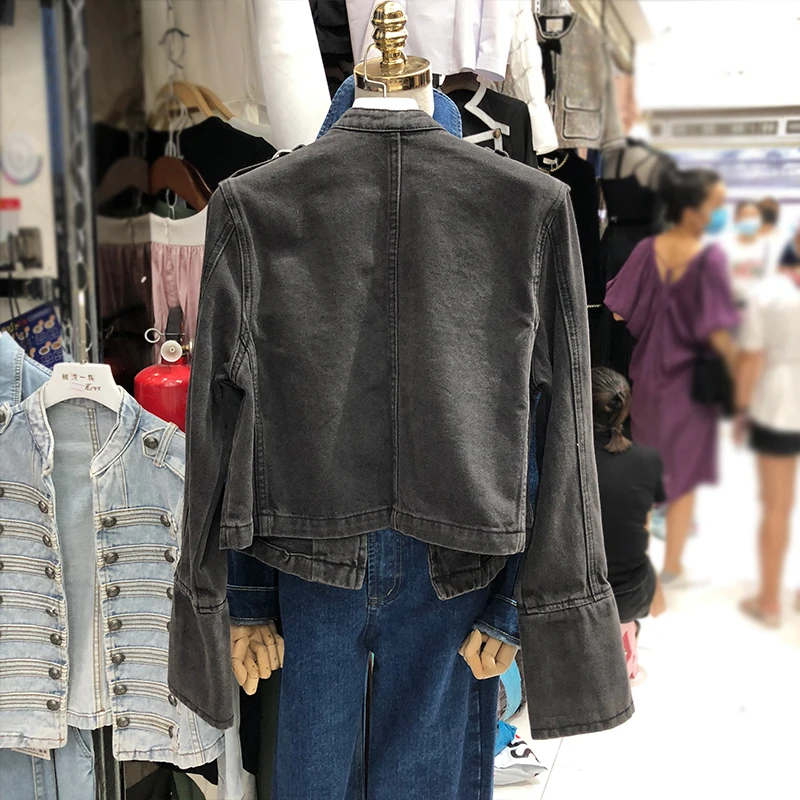 

AELESEEN Denim Women Jacket Autumn New Spring Vintage Rivet Loose Coat Black Blue Long Sleeve Moto Outerwear Female