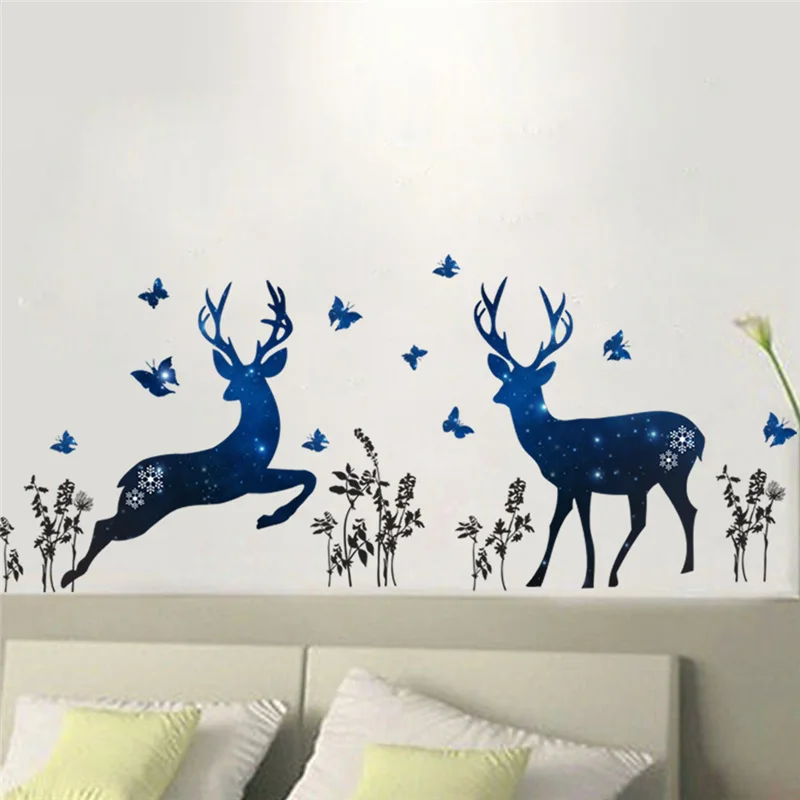 

Sika Deer With Butterfly Wall Stickers For Kis Room Decoration 3d View Scenery Mural Art Decorative Home Decals Animal Posters