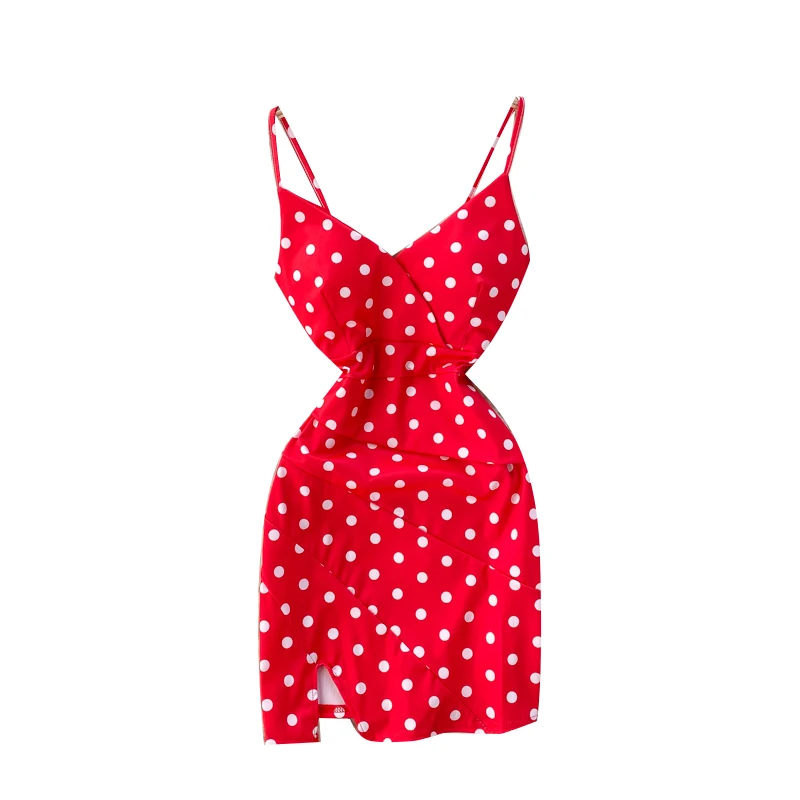 

2021 New Korean Style Fresh Sweet Polka Dot V-neck Chest Pad Backless Waist Trimming Slimming Slit Suspender Dress