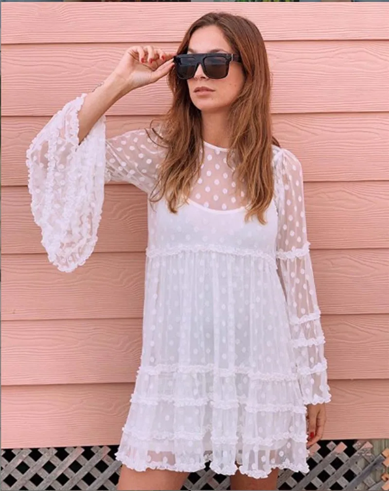 Женский прозрачный пляжный сарафан в горошек стиле бохо с длинным рукавом и