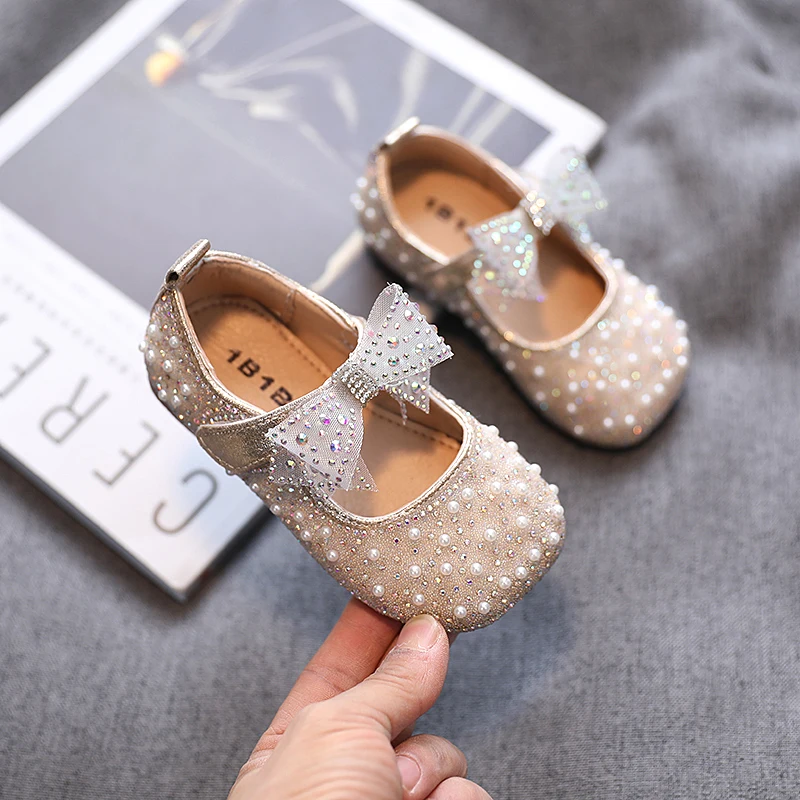 

Toddlers Shoes Spring Children Girls Leather Shoes Dancing Flats Rhinestone Bow SIZE 21-30 GOLD,SILVER