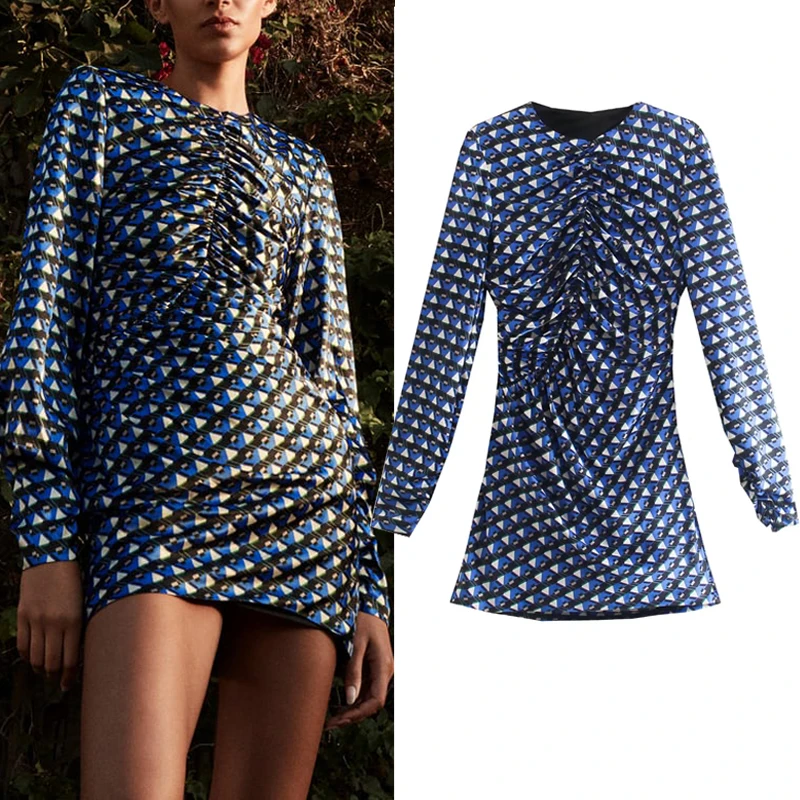 

Za 2021 Geometric Print Blue Mini Dress Woman Vintage Cut Out Short Dresses Women Elegant Autumn Ruched Long Sleeve Dress