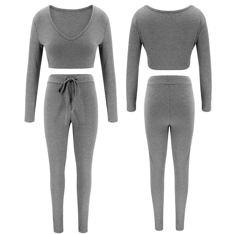 

2020 Tracksuits for women autumn two piece set solid V neck fashion tights women long sleeve street clothes